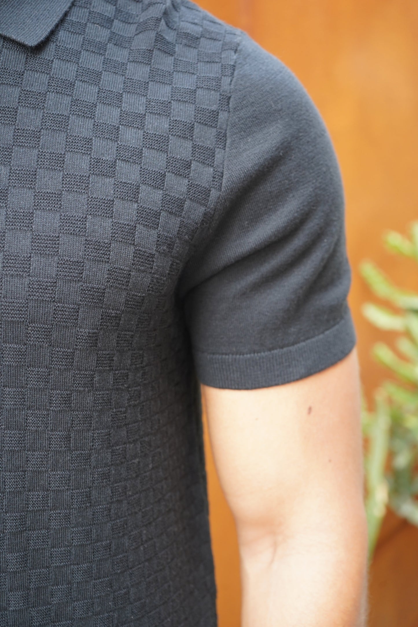 Capo Woven Panel Knit Polo Shirt - Black
