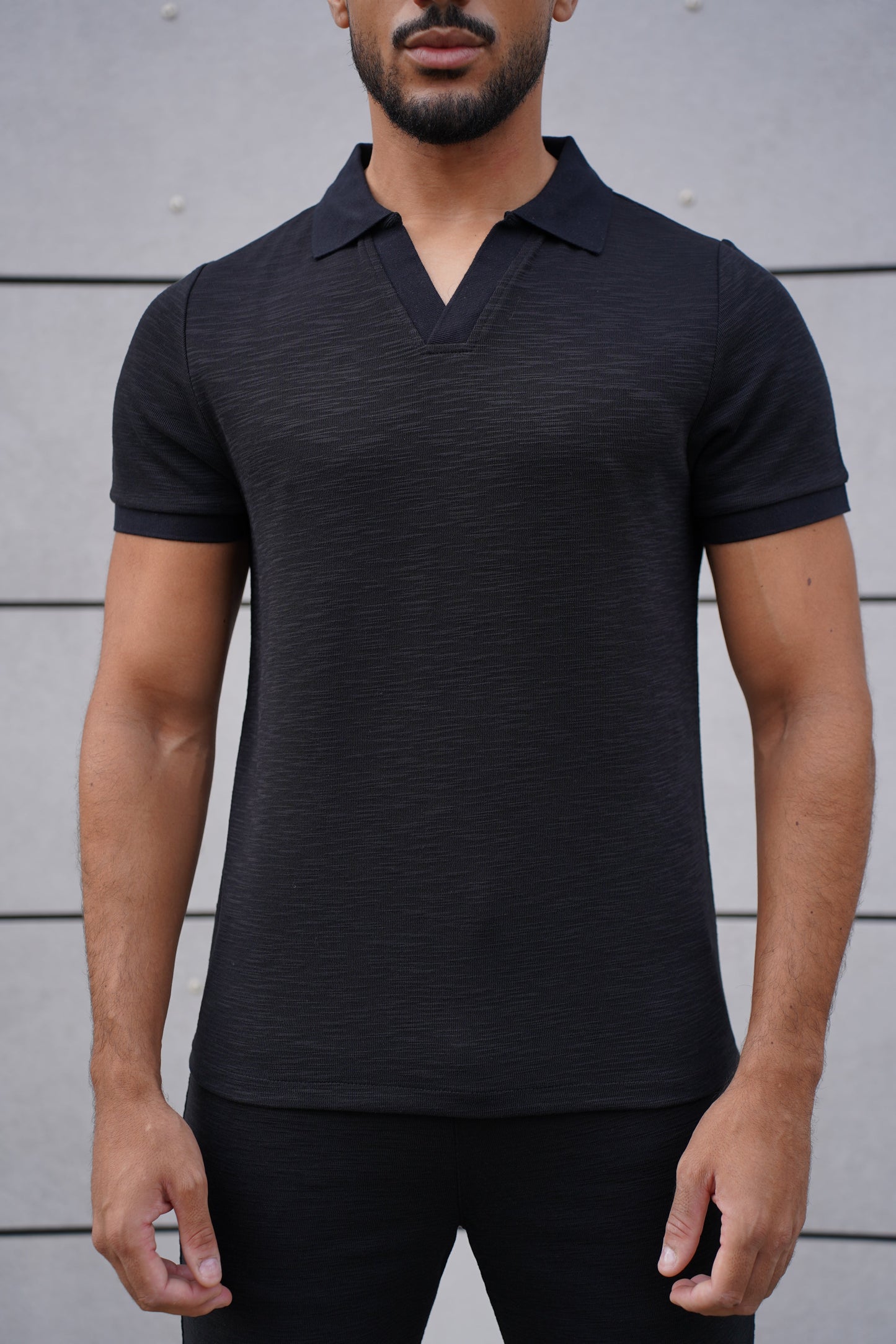 Capo Jersey Slub Cuban Polo Shirt - Black