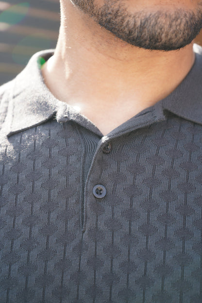 Capo Hexagonal Button Up Polo Shirt - Black