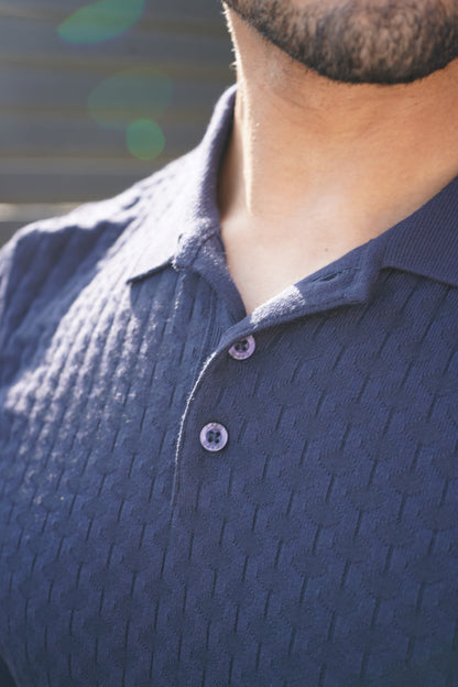 Capo Hexagonal Button Up Polo Shirt - Navy