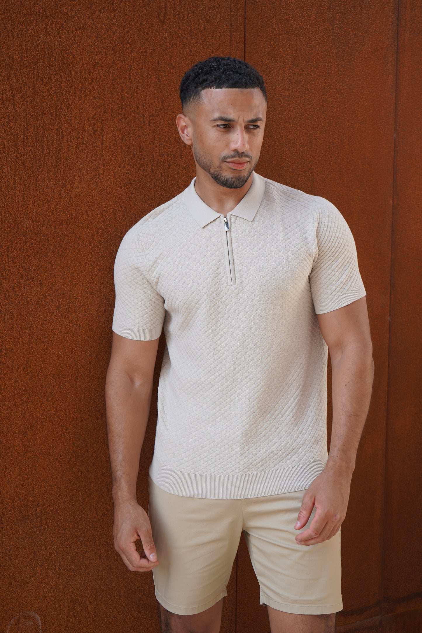 Capo Jacquard Zip Up Polo Shirt - Stone