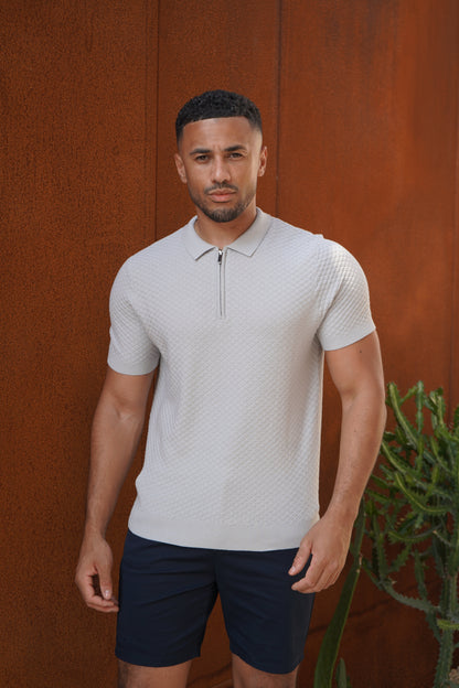 Capo Jacquard Zip Up Polo Shirt - Light Grey