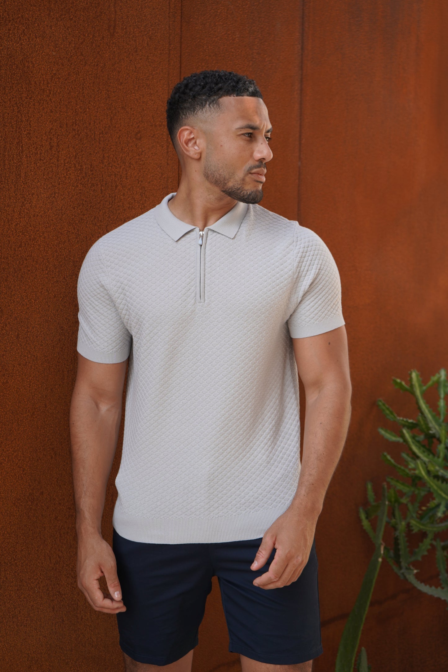 Capo Jacquard Zip Up Polo Shirt - Light Grey