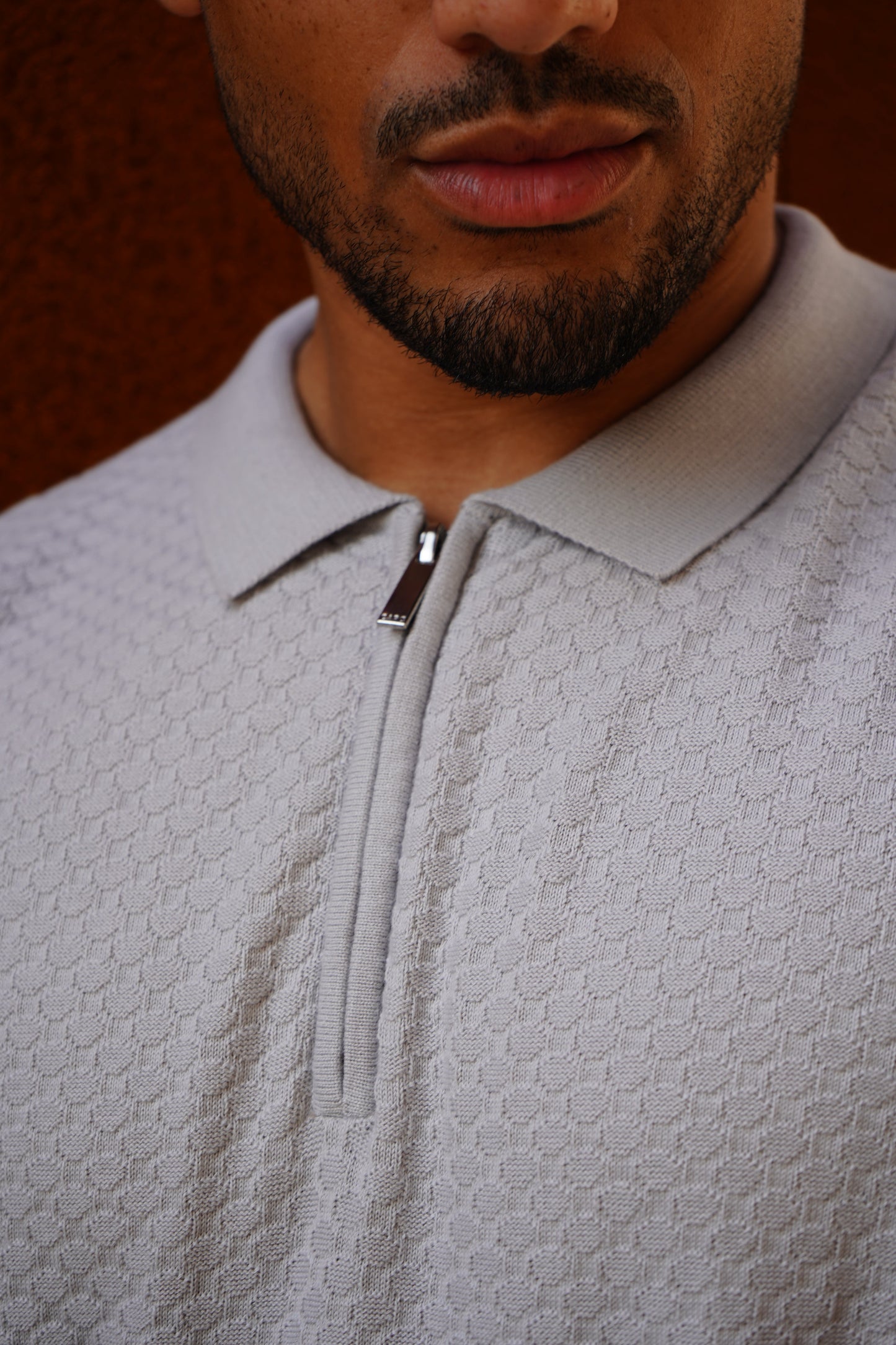 Capo Jacquard Zip Up Polo Shirt - Light Grey