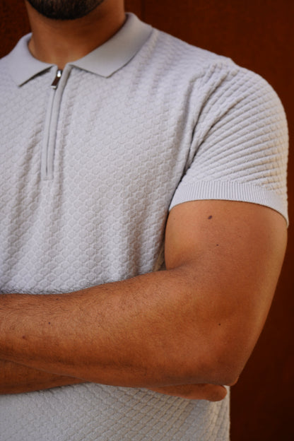Capo Jacquard Zip Up Polo Shirt - Light Grey