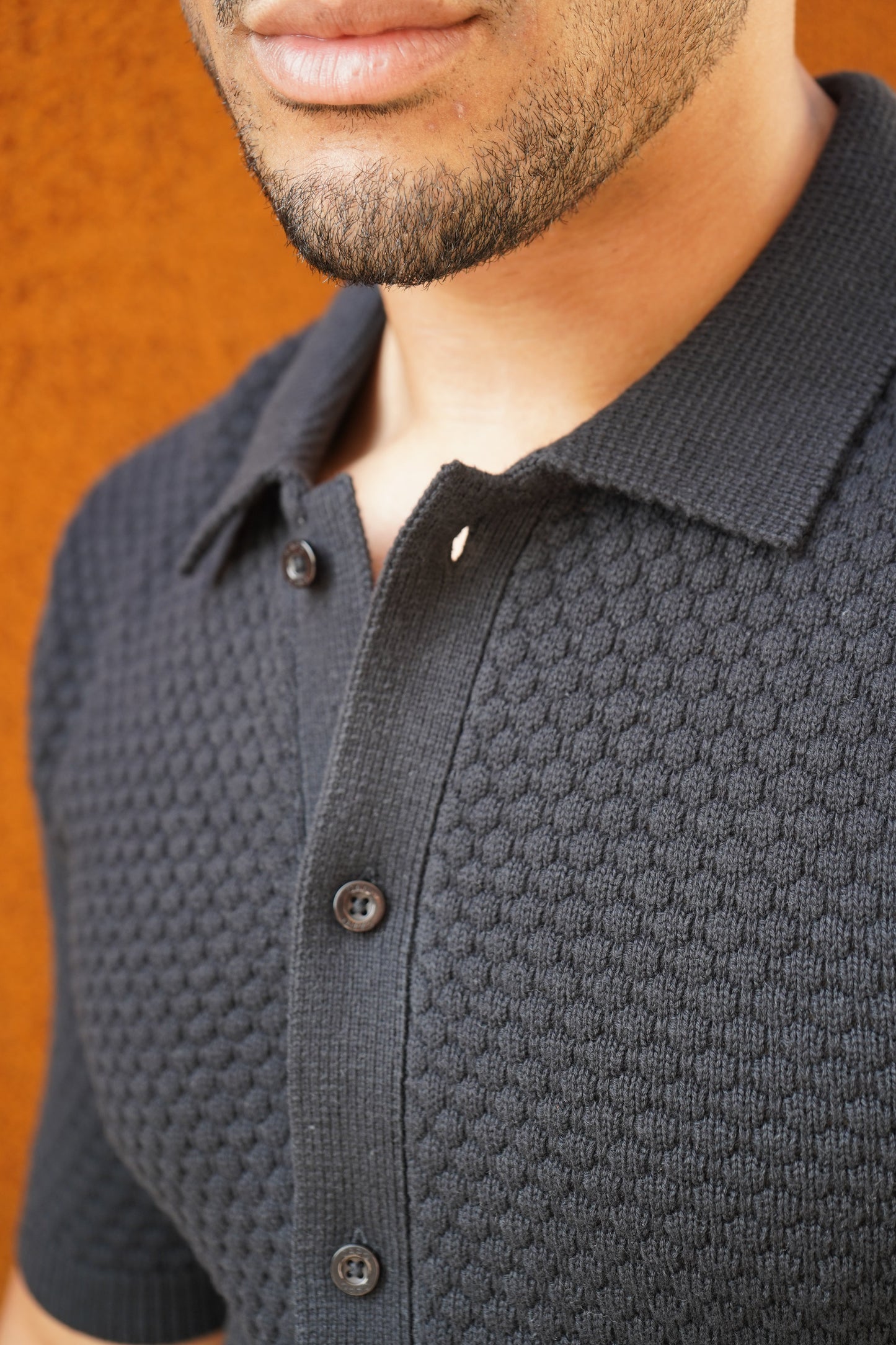 Capo Jacquard Button Up Polo Shirt - Black