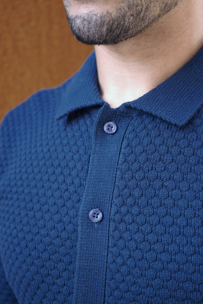 Capo Jacquard Button Up Polo Shirt - Navy
