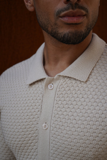 Capo Jacquard Button Up Polo Shirt - Stone