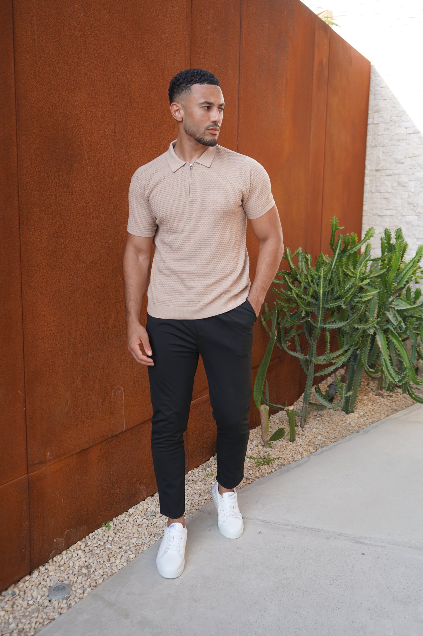 Capo Micro Square Zip Polo Shirt - Taupe