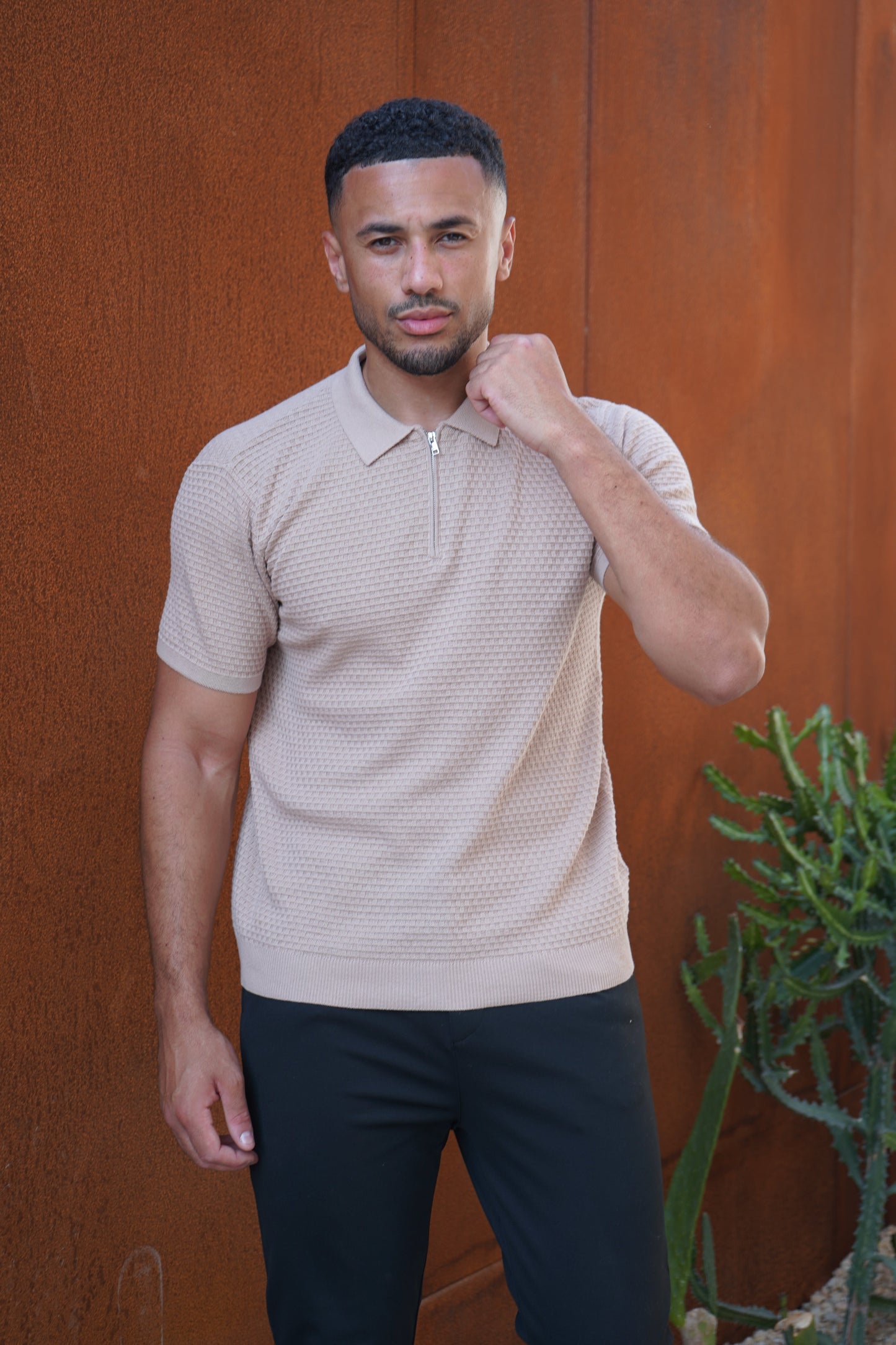 Capo Micro Square Zip Polo Shirt - Taupe