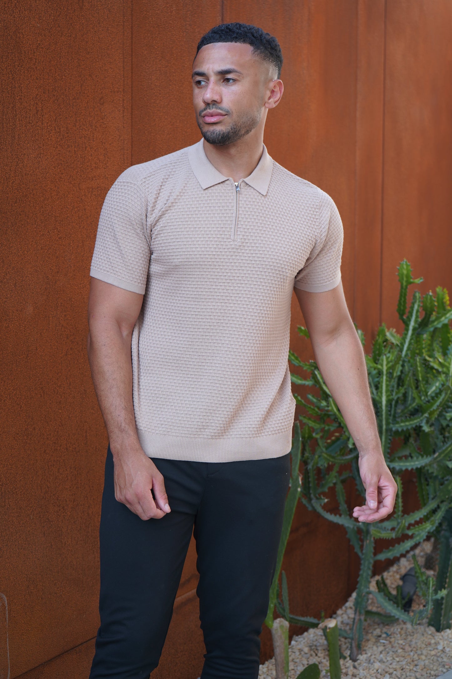 Capo Micro Square Zip Polo Shirt - Taupe