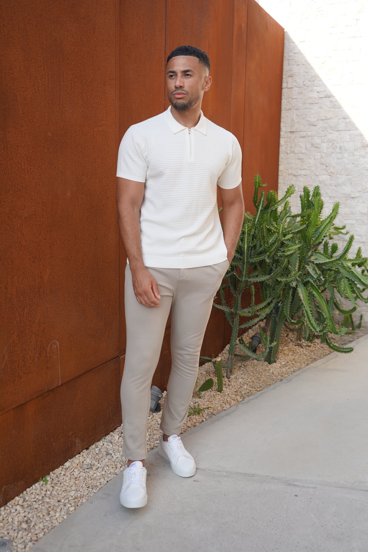 Capo Micro Square Zip Polo Shirt - Off White