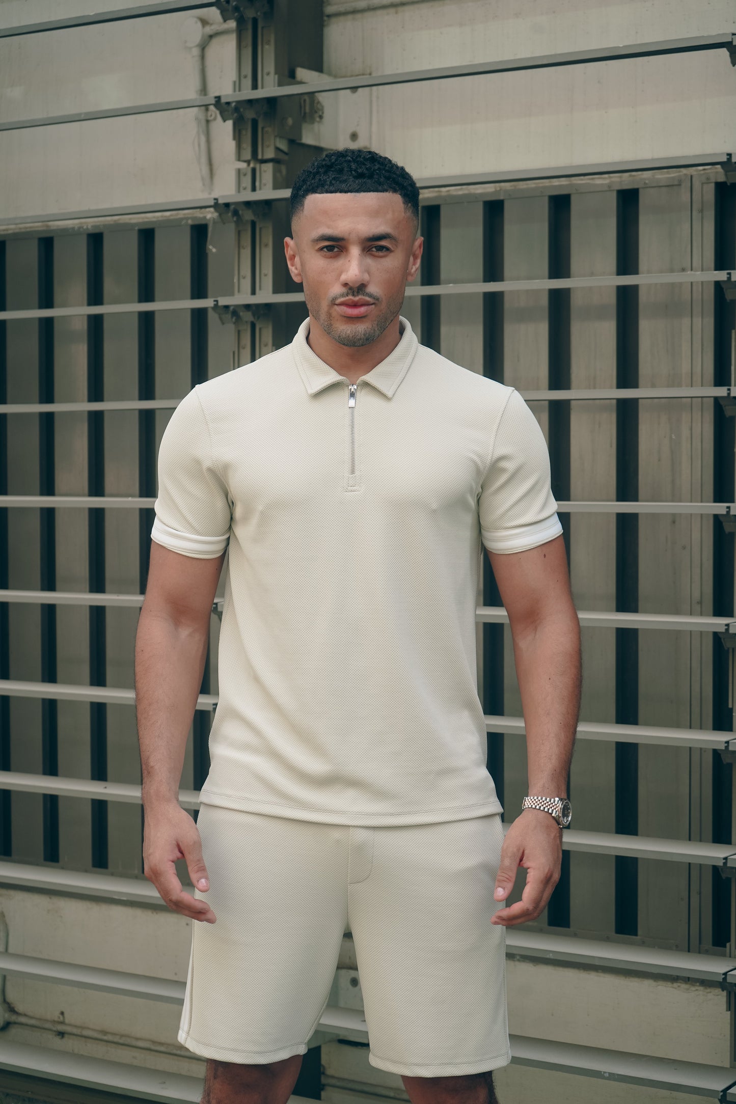 Capo Textured Tape Zip Polo Shirt - Light Beige