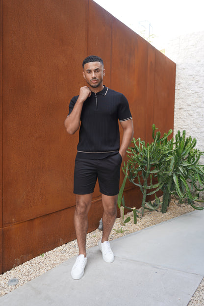 Capo Knitted Contrast Zip Up Polo Shirt - Black