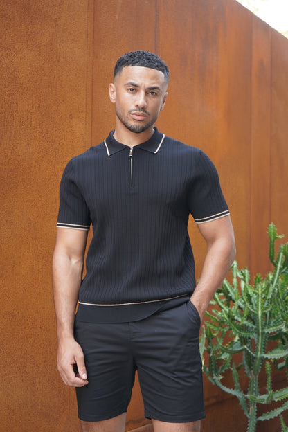 Capo Knitted Contrast Zip Up Polo Shirt - Black