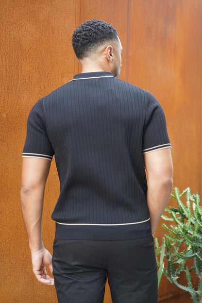 Capo Knitted Contrast Zip Up Polo Shirt - Black