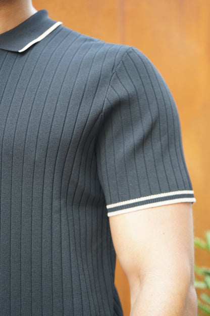 Capo Knitted Contrast Zip Up Polo Shirt - Black
