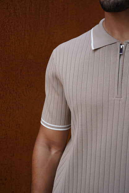 Capo Knitted Contrast Zip Up Polo Shirt - Stone