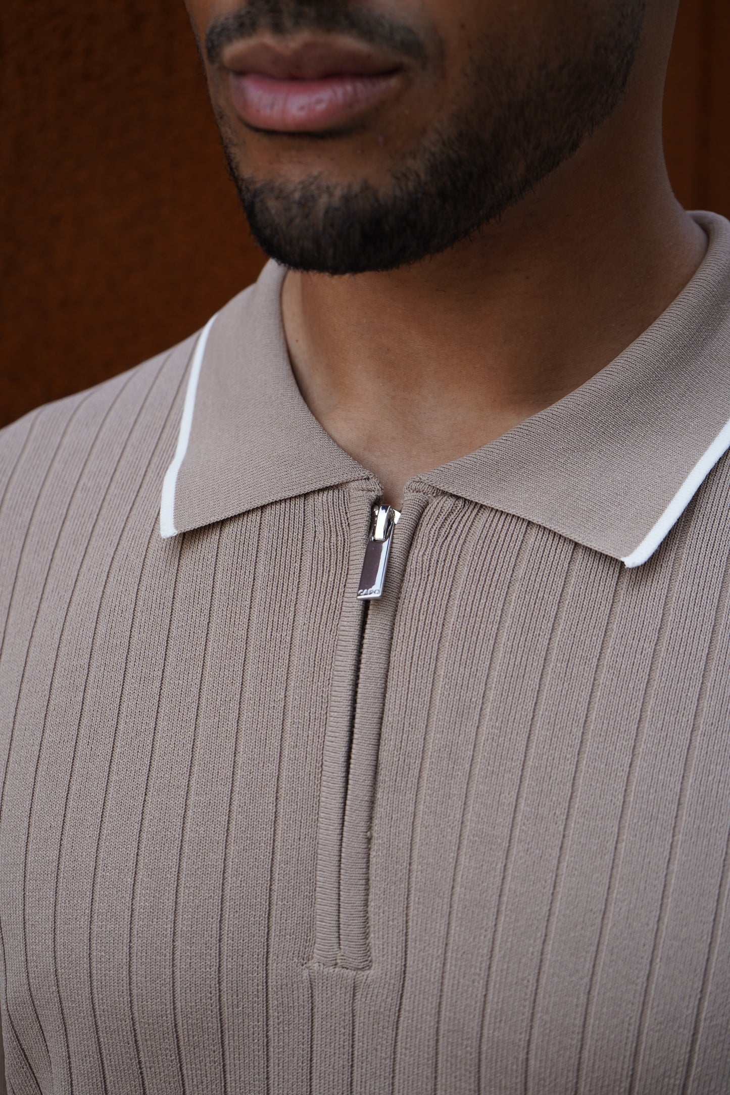 Capo Knitted Contrast Zip Up Polo Shirt - Stone