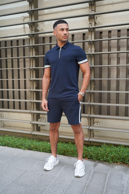 Capo Textured Tape Zip Polo Shirt - Navy