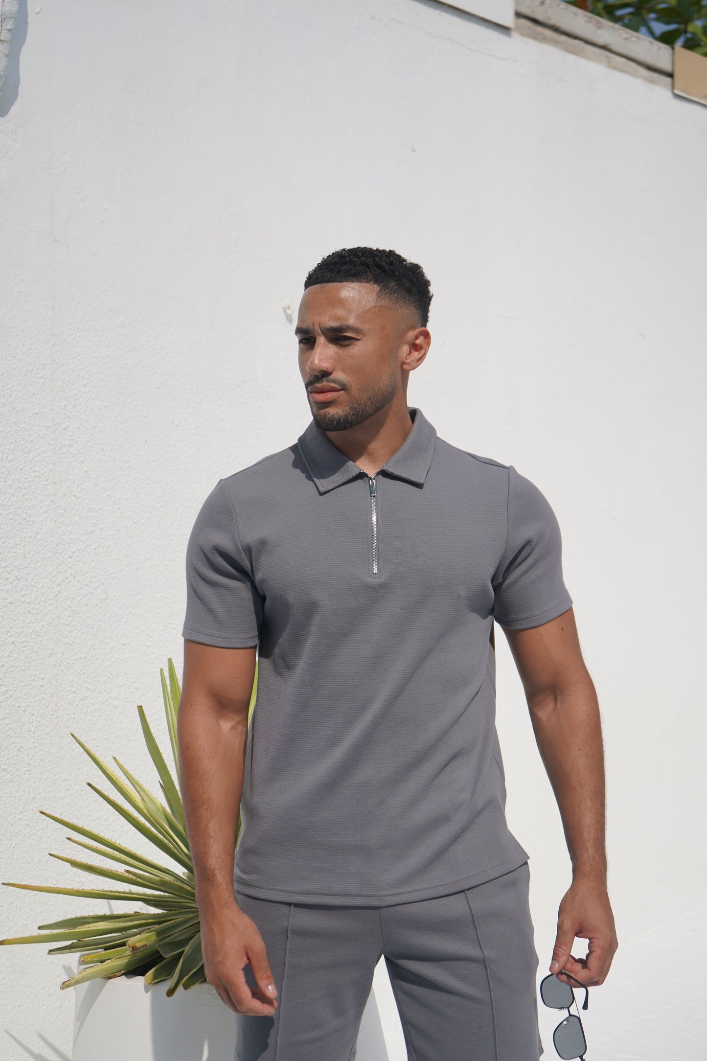 Capo Textured Zip Up Polo Shirt - Grey