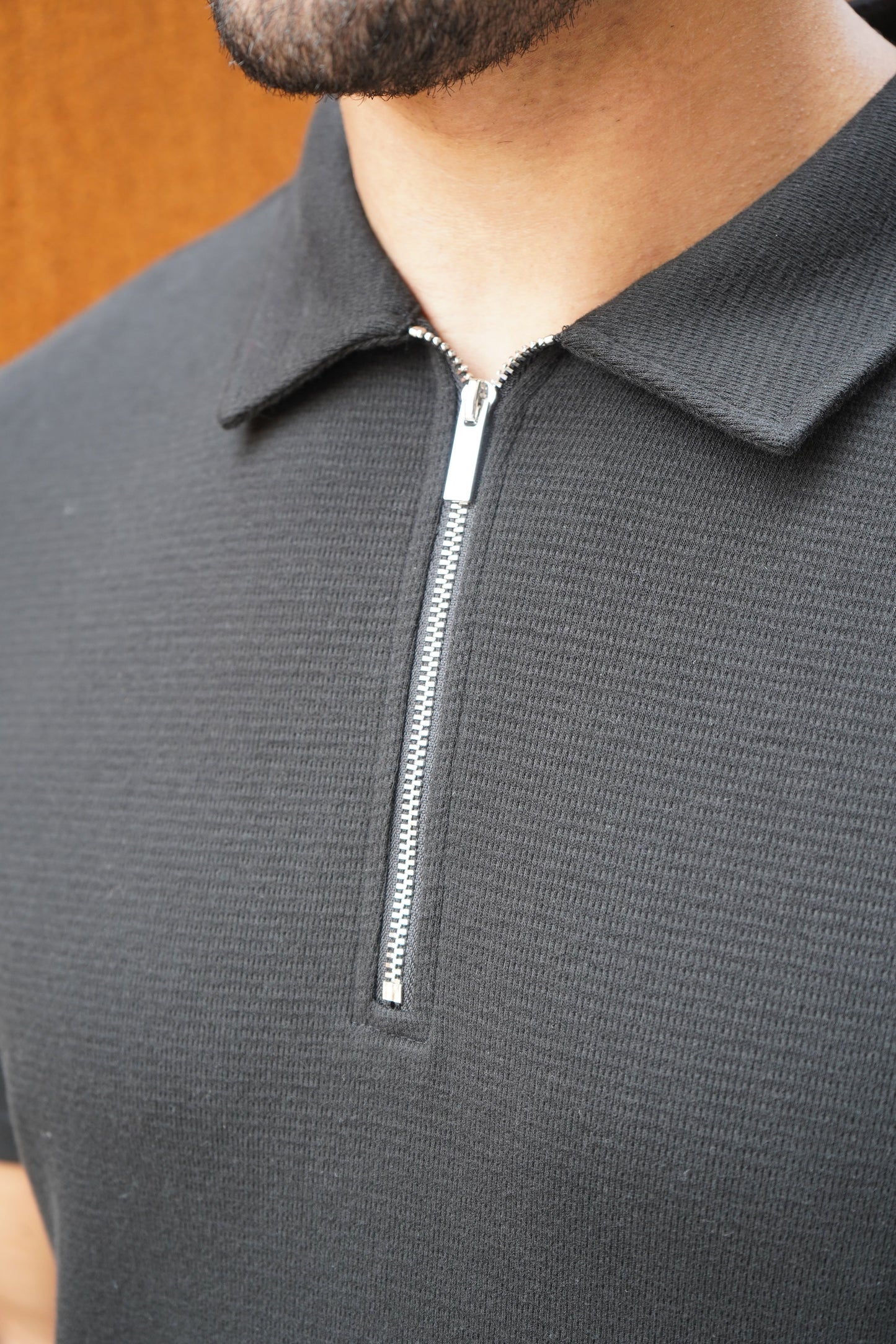 Capo Textured Zip Up Polo Shirt - Black