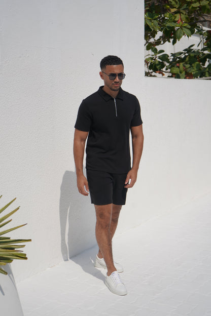 Capo Textured Zip Up Polo Shirt - Black
