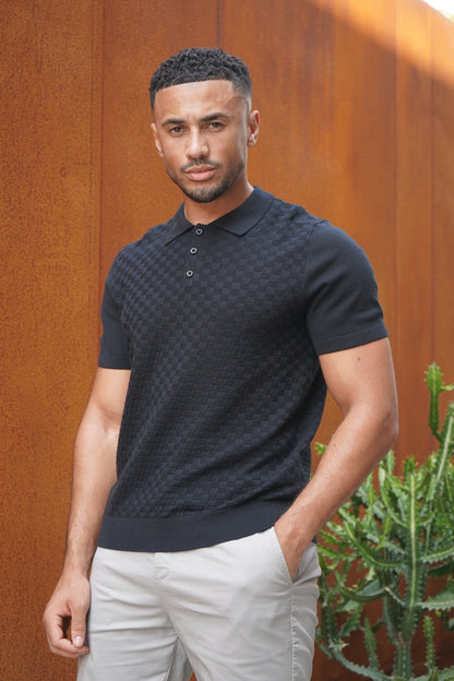 Capo Woven Panel Knit Polo Shirt - Black