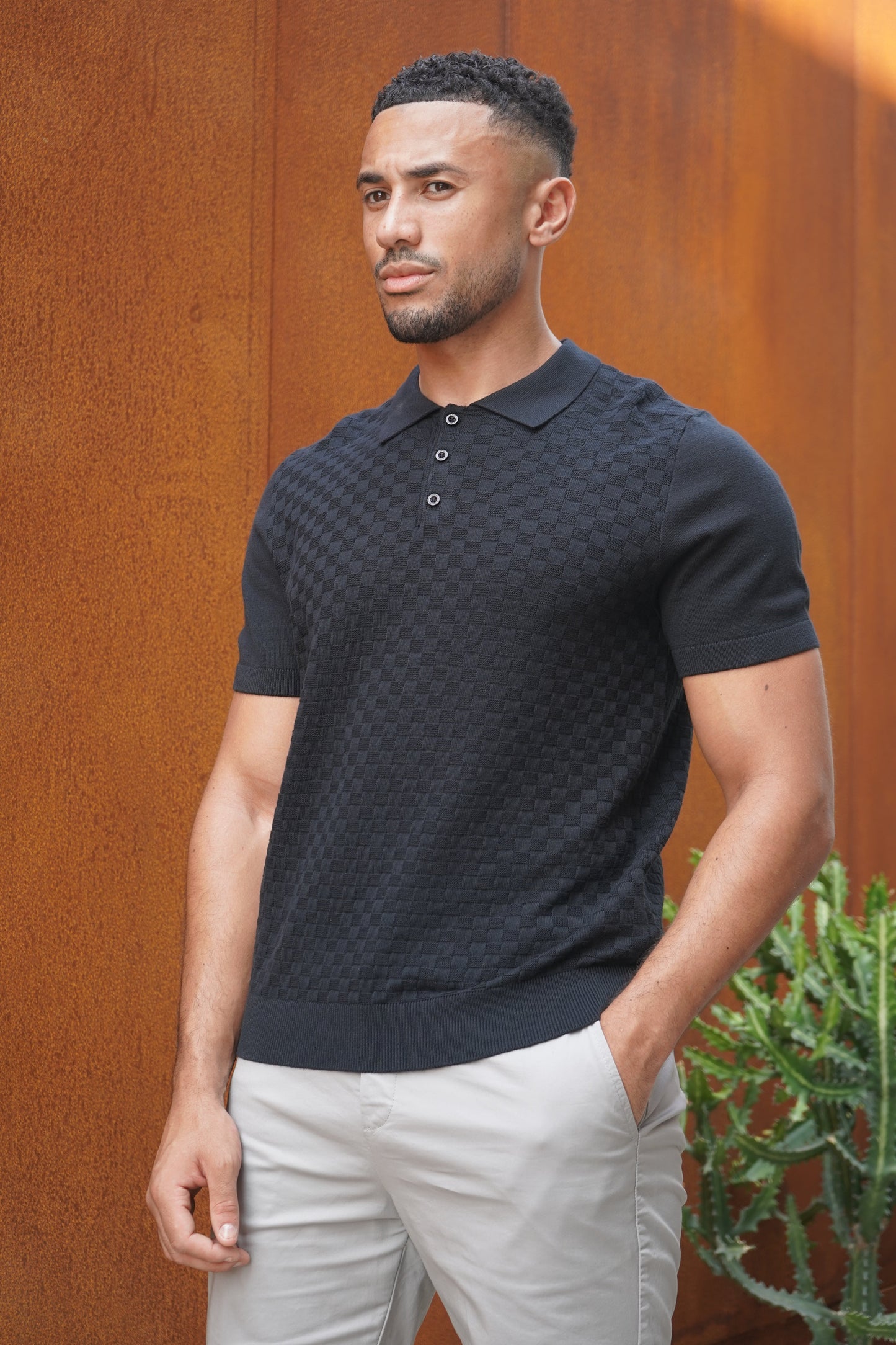 Capo Woven Panel Knit Polo Shirt - Black