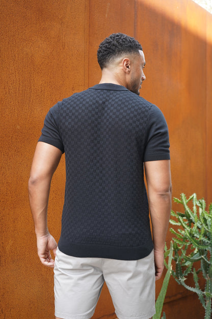 Capo Woven Panel Knit Polo Shirt - Black
