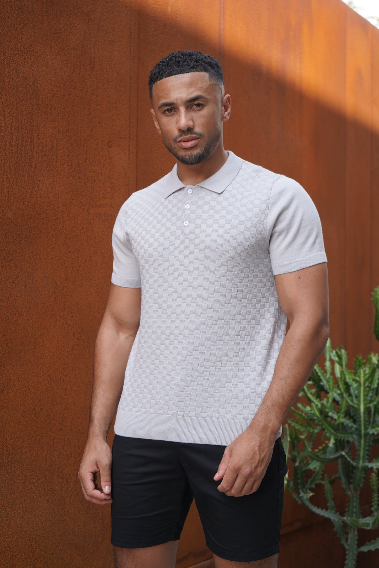 Capo Woven Panel Knit Polo Shirt - Light Grey