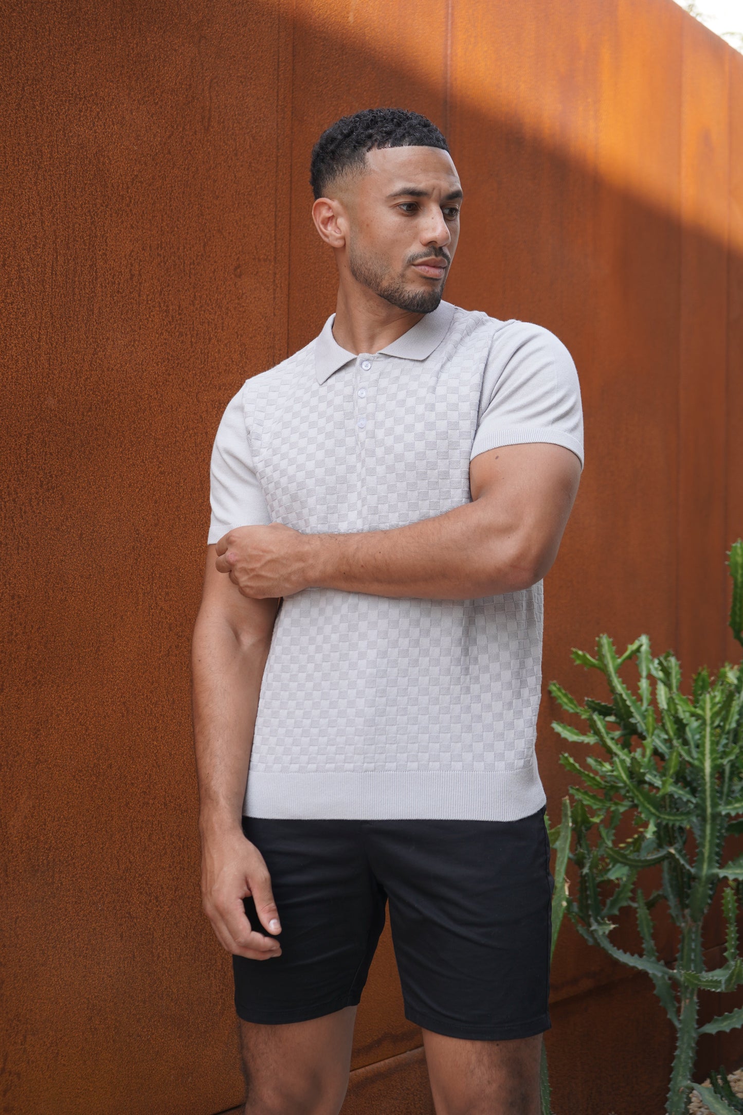 Capo Woven Panel Knit Polo Shirt - Light Grey
