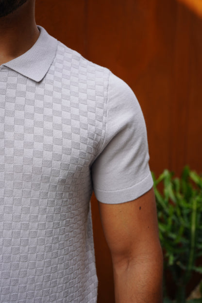 Capo Woven Panel Knit Polo Shirt - Light Grey