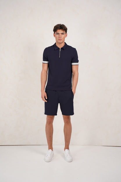Capo Textured Tape Zip Polo Shirt - Navy