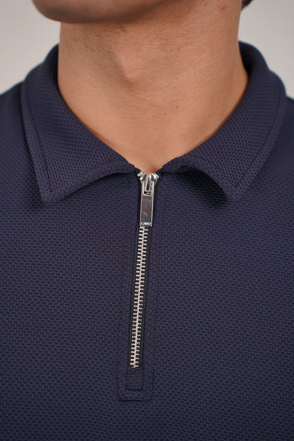 Capo Textured Tape Zip Polo Shirt - Navy