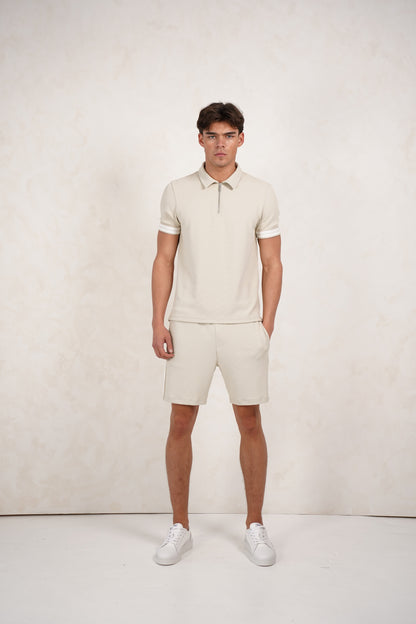 Capo Textured Tape Zip Polo Shirt - Light Beige