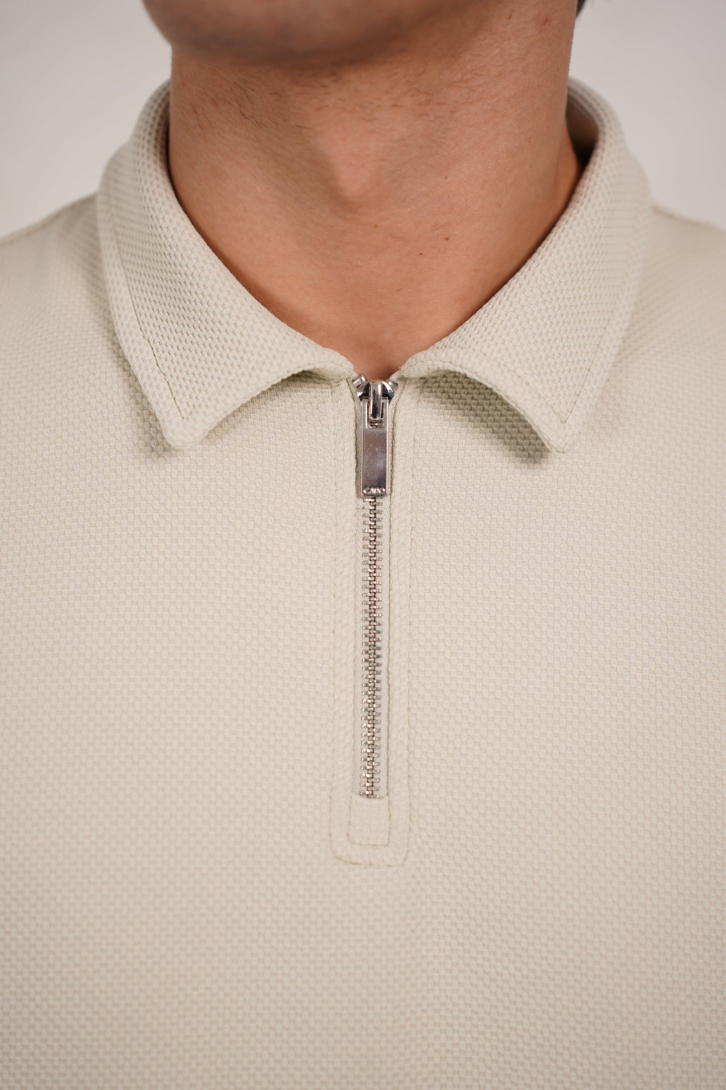 Capo Textured Tape Zip Polo Shirt - Light Beige