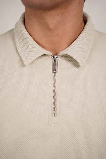 Capo Textured Tape Zip Polo Shirt - Light Beige