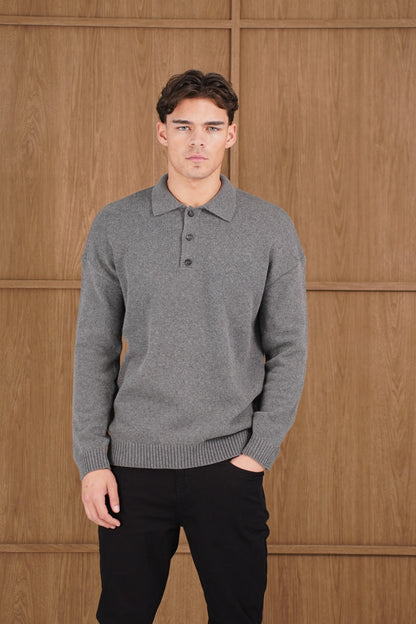 Capo Button LS Polo Shirt - Charcoal