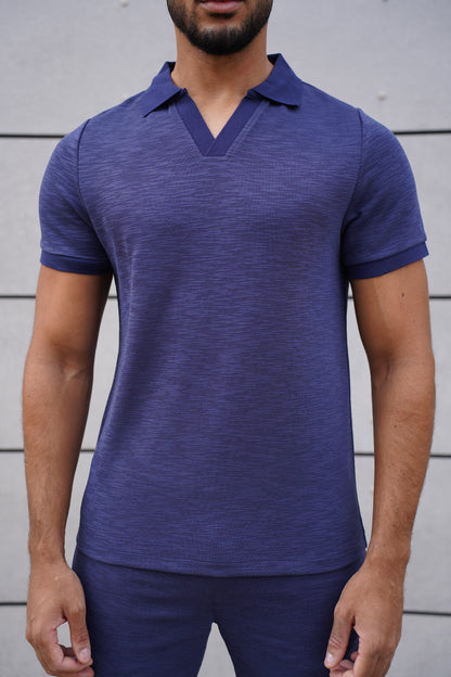 Capo Jersey Slub Cuban Polo Shirt - Navy