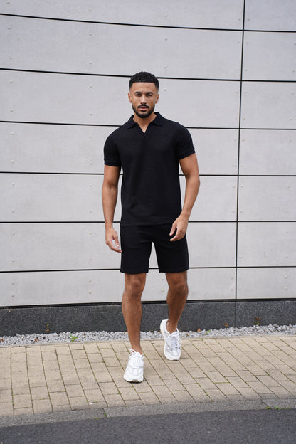 Capo Jersey Slub Cuban Polo Shirt - Black