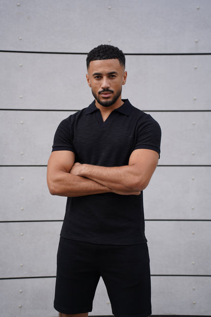 Capo Jersey Slub Cuban Polo Shirt - Black