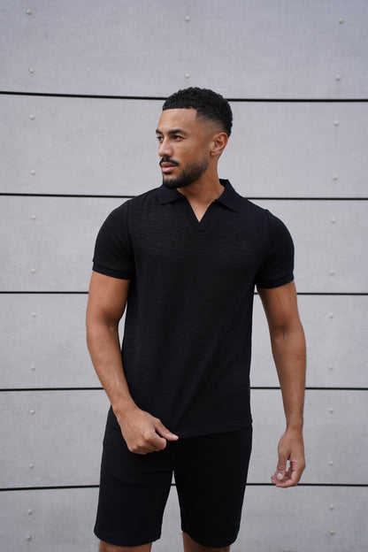 Capo Jersey Slub Cuban Polo Shirt - Black