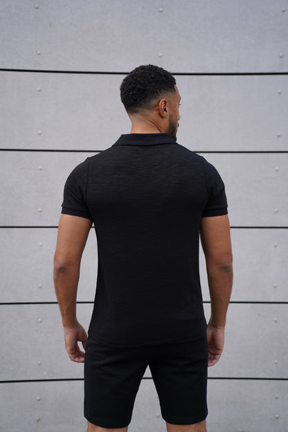 Capo Jersey Slub Cuban Polo Shirt - Black