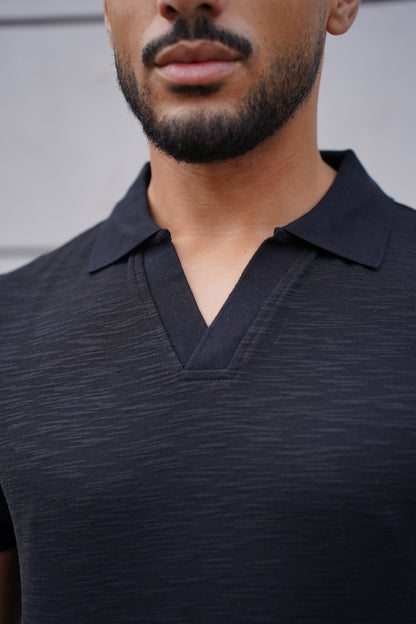 Capo Jersey Slub Cuban Polo Shirt - Black