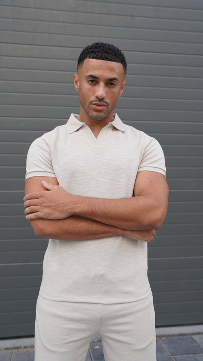 Capo Jersey Slub Cuban Polo Shirt - Stone Grey
