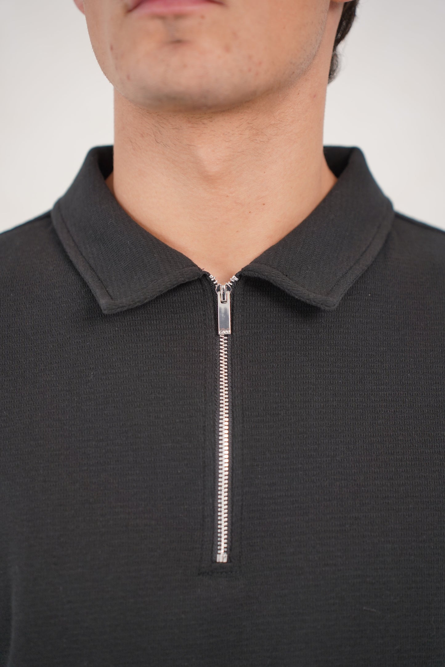 Capo Textured Zip Up Polo Shirt - Black