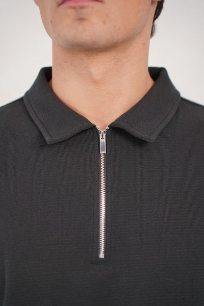 Capo Textured Zip Up Polo Shirt - Black