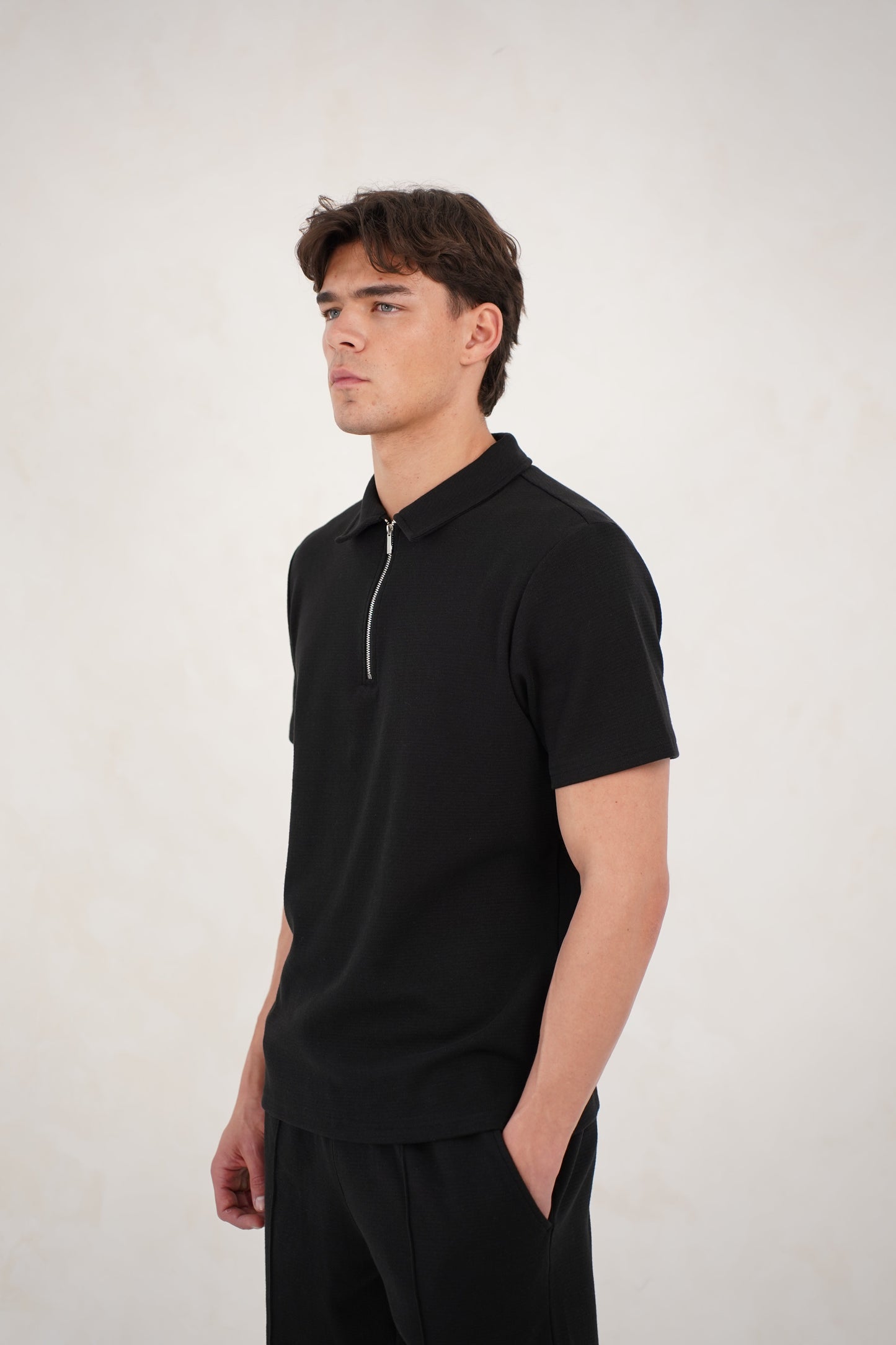 Capo Textured Zip Up Polo Shirt - Black