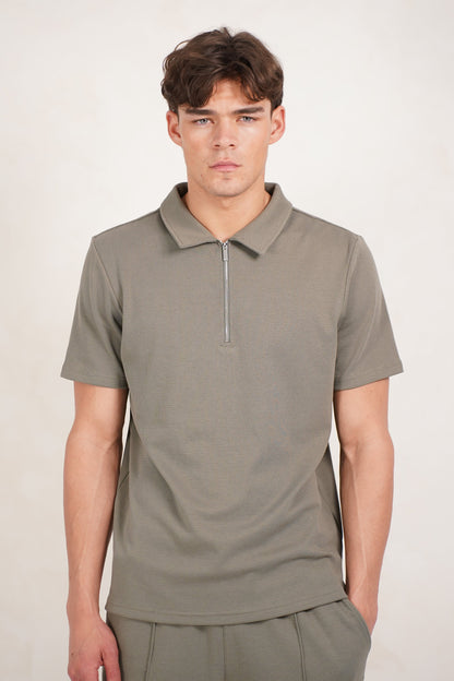 Capo Textured Zip Up Polo Shirt - Light Olive
